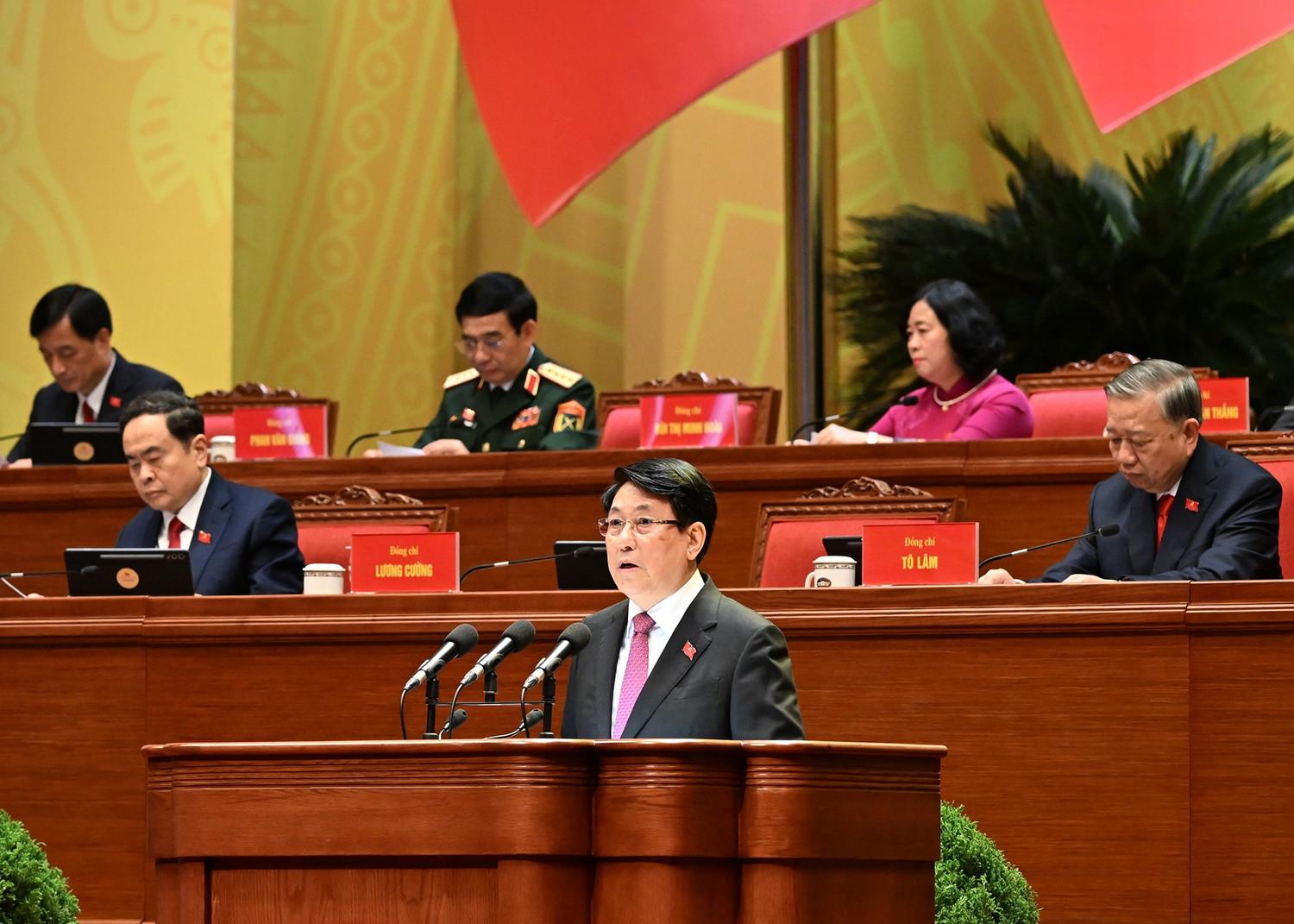 Đồng chí Lương Cường, Ủy viên Bộ Chính trị, Chủ tịch nước đọc diễn văn, tuyên bố khai mạc Đại hội.